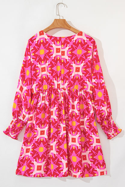 Strawberry Pink Geometric Print Smocked Long Sleeve Mini Dress