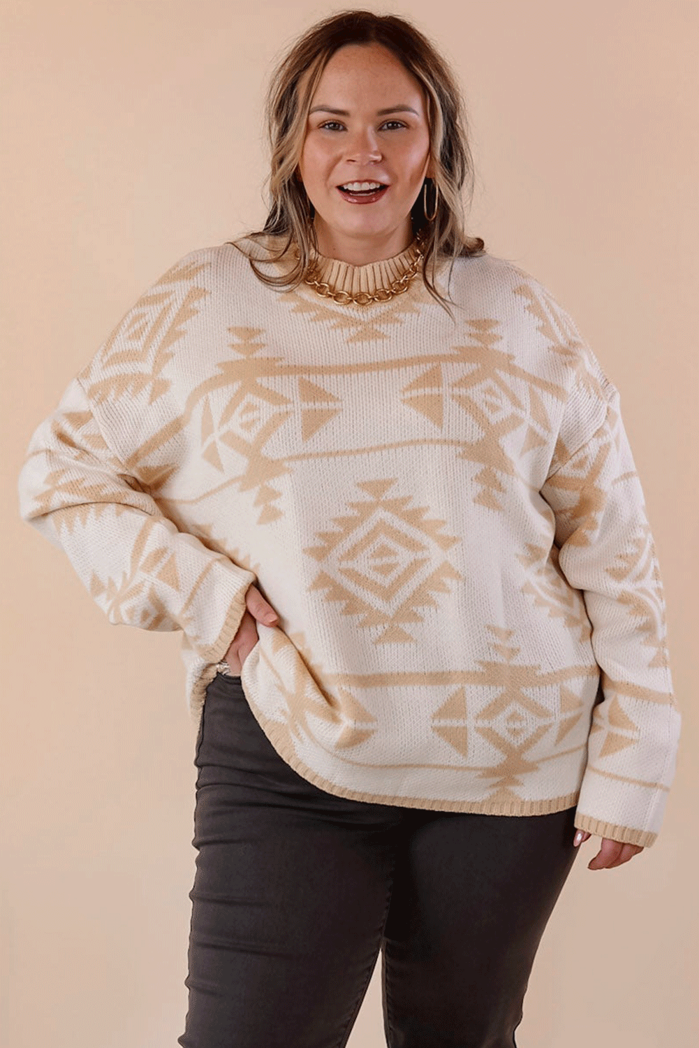 Apricot Plus Size Western Aztec Print Loose Sweater