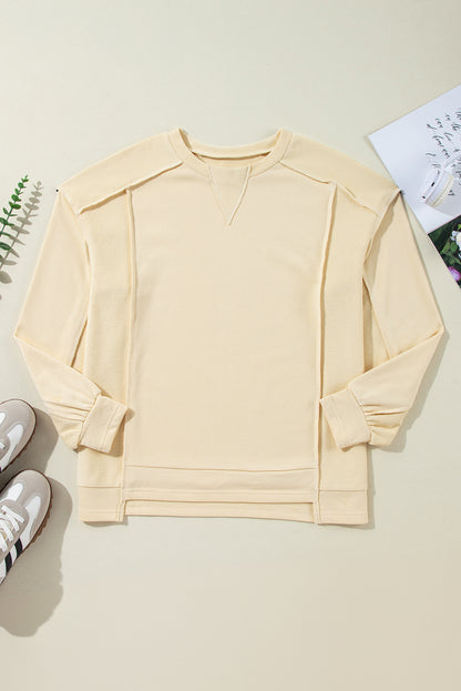 Beige Splicing Round Neck Pullover Sweatshirt