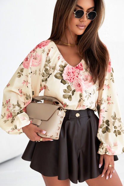 Beige Floral Print Lantern Sleeve V-Neck Blouse