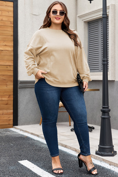 Apricot Loose Patchwork Crewneck Plus Size Sweatshirt