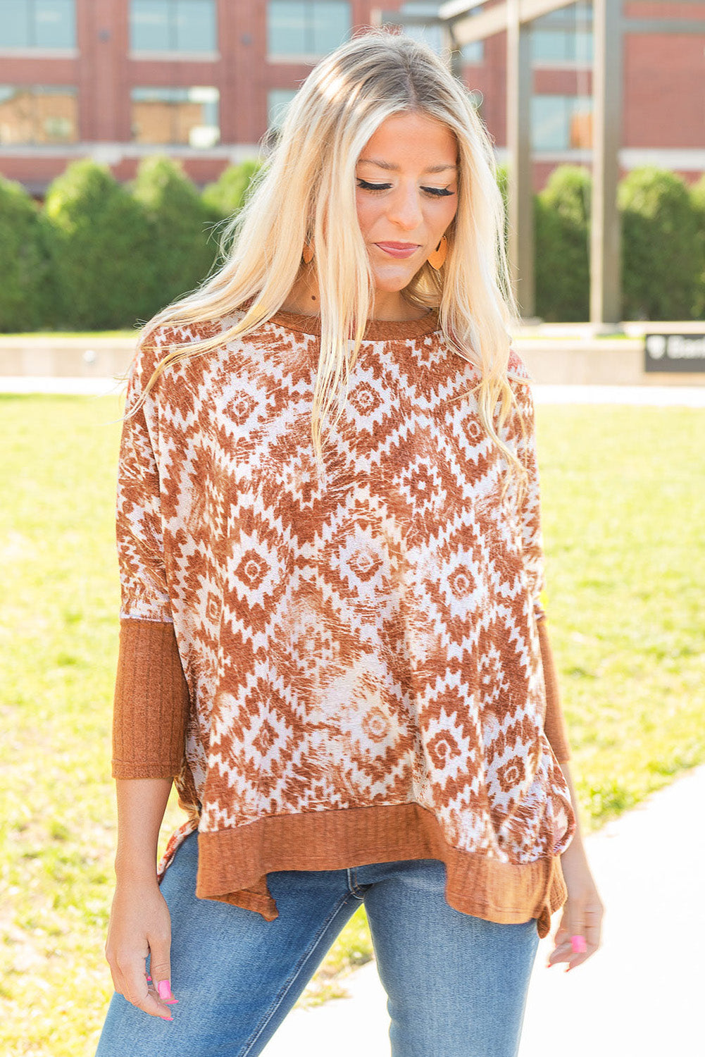 White Printed Aztec Print Bishop Sleeve Ribbed Trim Blouse