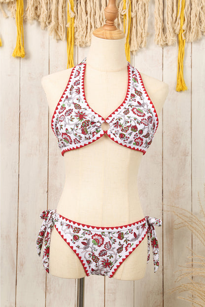 Red Floral Halter O-Ring Backless Knot Bikini Set