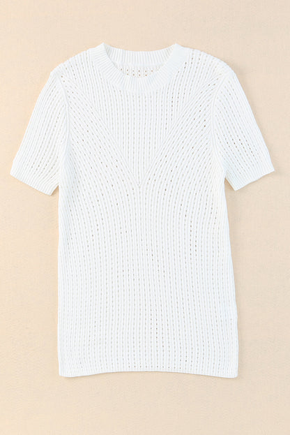 White Hollow-out Knitted Short Sleeve T Shirt