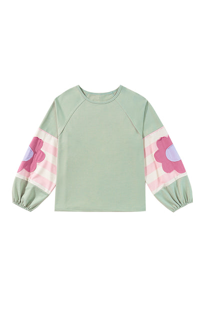 Smoke Green Flower Patchwork Raglan Sleeve Exposed Seam Oversized Top