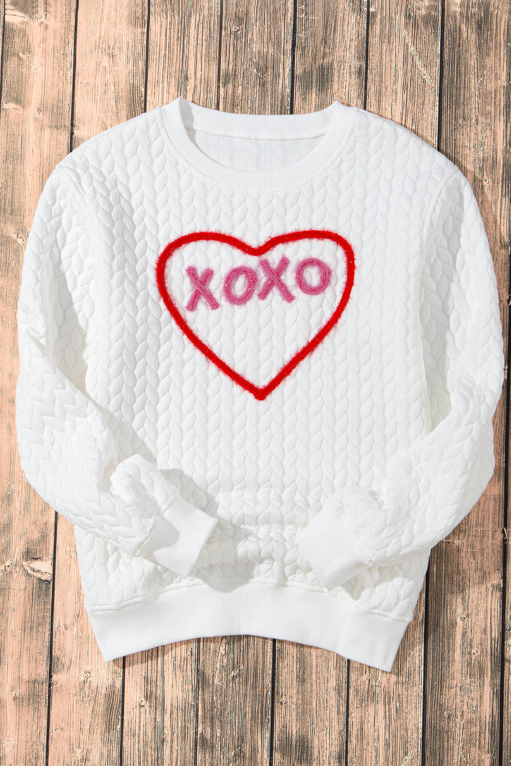 White Heart XOXO Chenille Embroidered Textured Sweatshirt