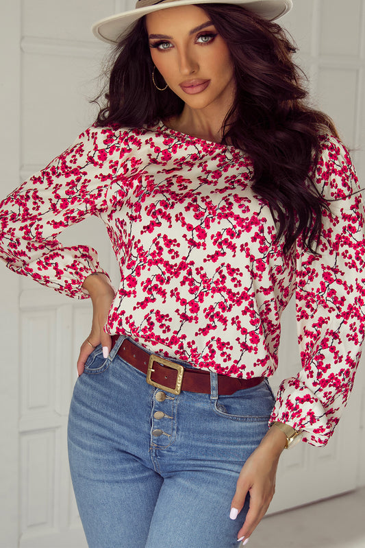 Red Floral Print Long Sleeve Open Back Blouse