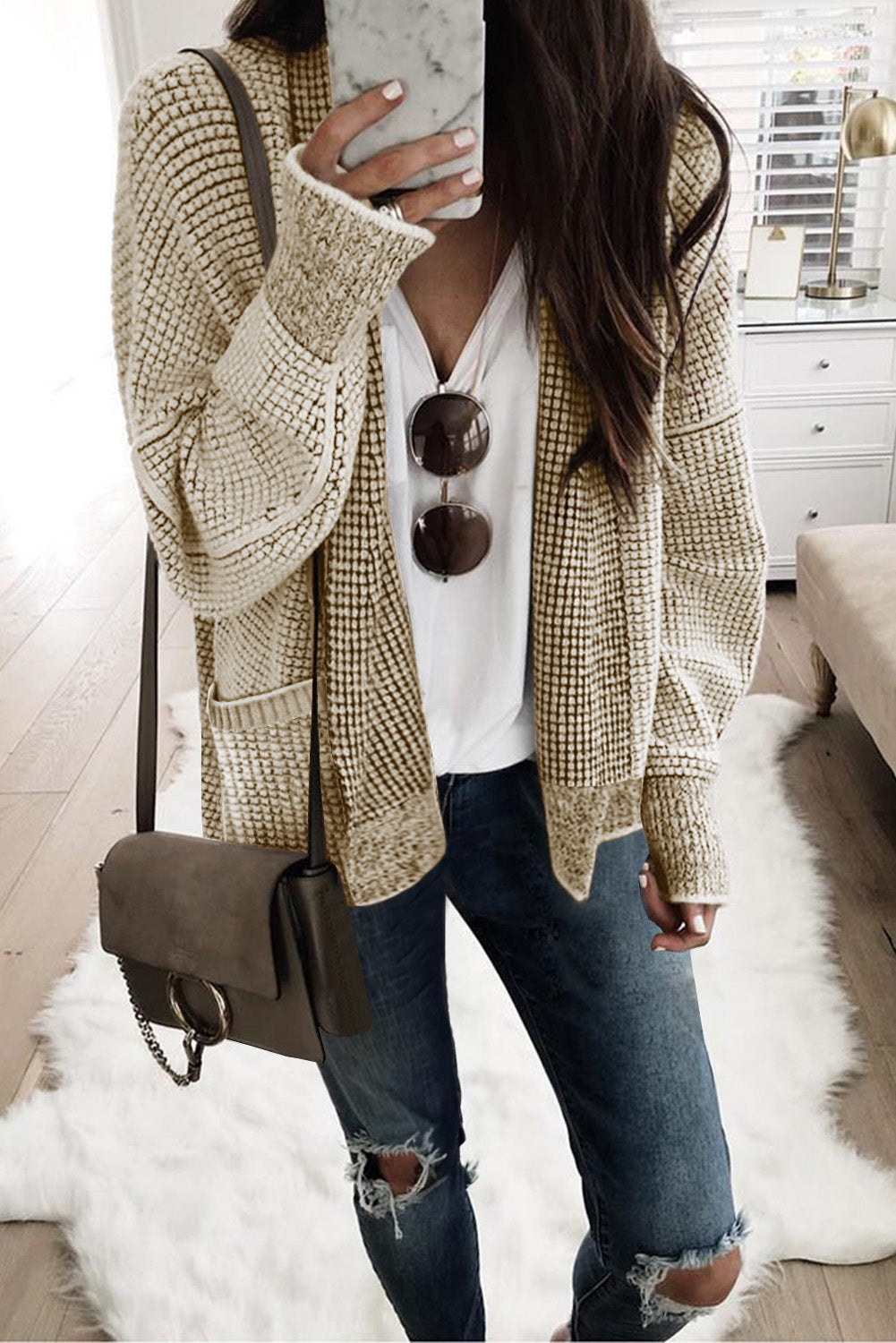 Apricot Chunky Waffle Knit Oversized Collar Cardigan