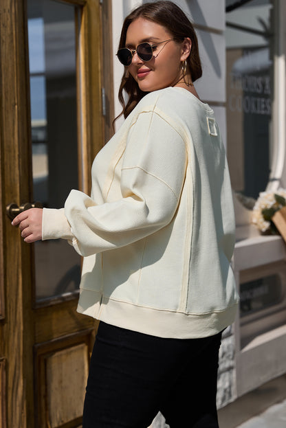 White Solid Color Waffle Knit Drop Shoulder Plus Size Sweatshirt