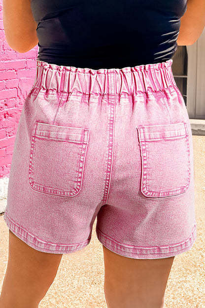 Strawberry Pink Elastic High Waisted Denim Shorts