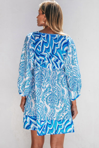 Sky Blue Bohemian Print Puff Sleeve Tied V Neck Flared Mini Dress