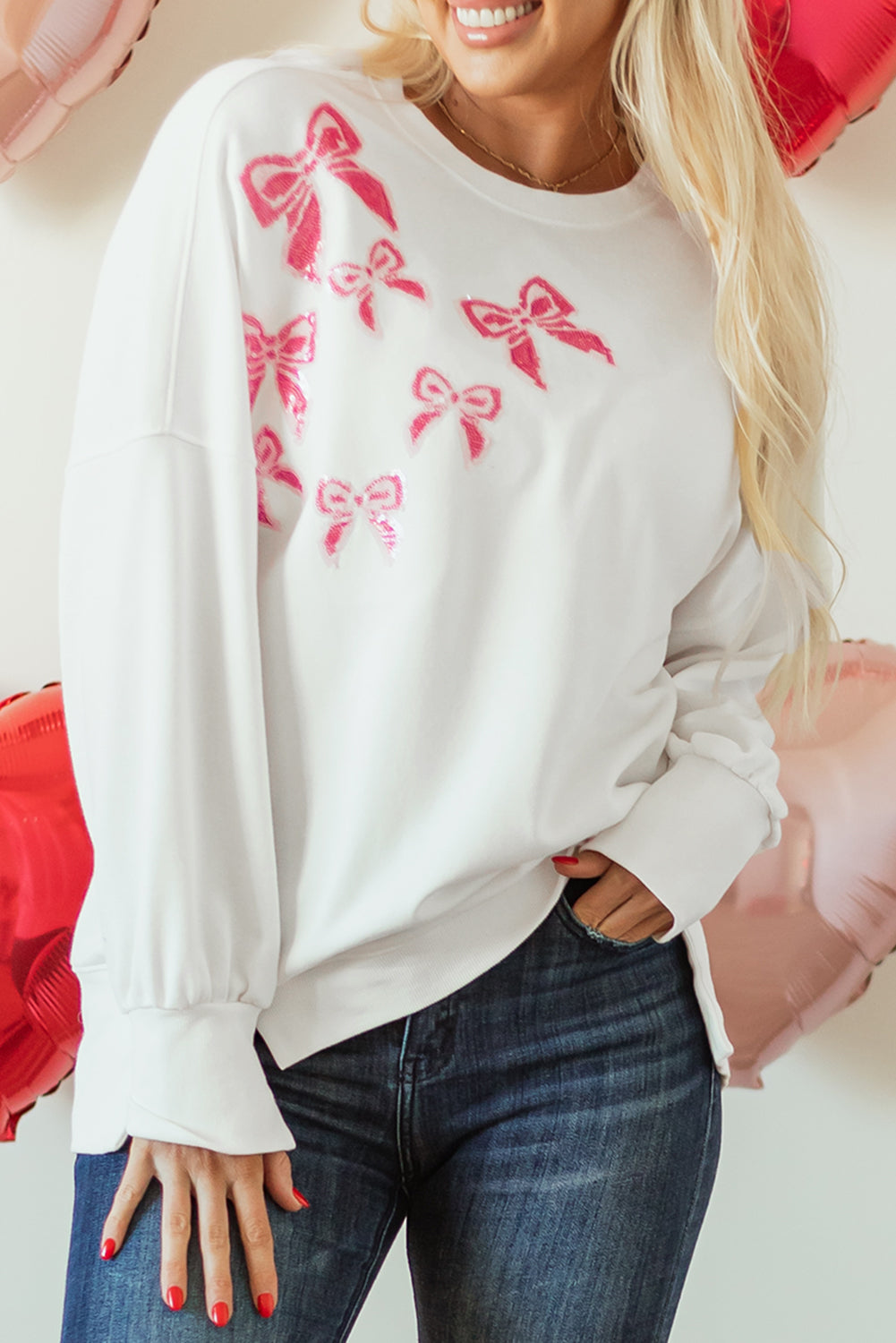 White Sequin Bowknot High Low Oversize Sweatshirt