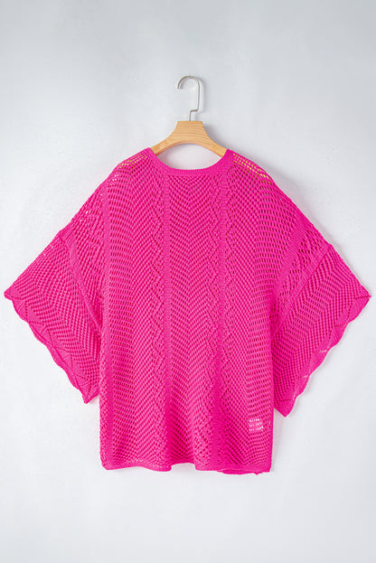 Rose Red Pointelle Knit Scallop Edge Short Sleeve Top