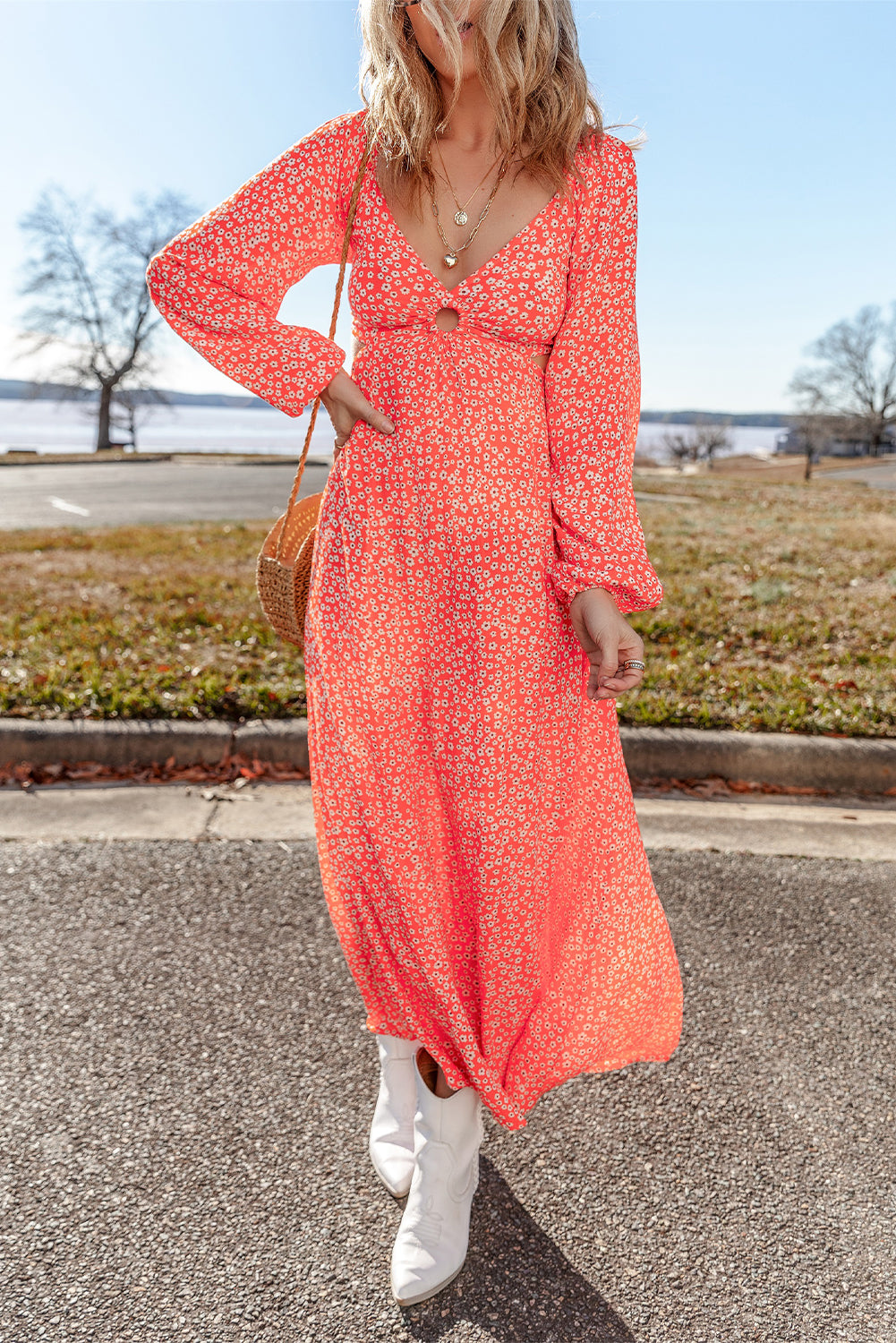 Red Floral Long Puff Sleeve V Neck Hollow Out Dress