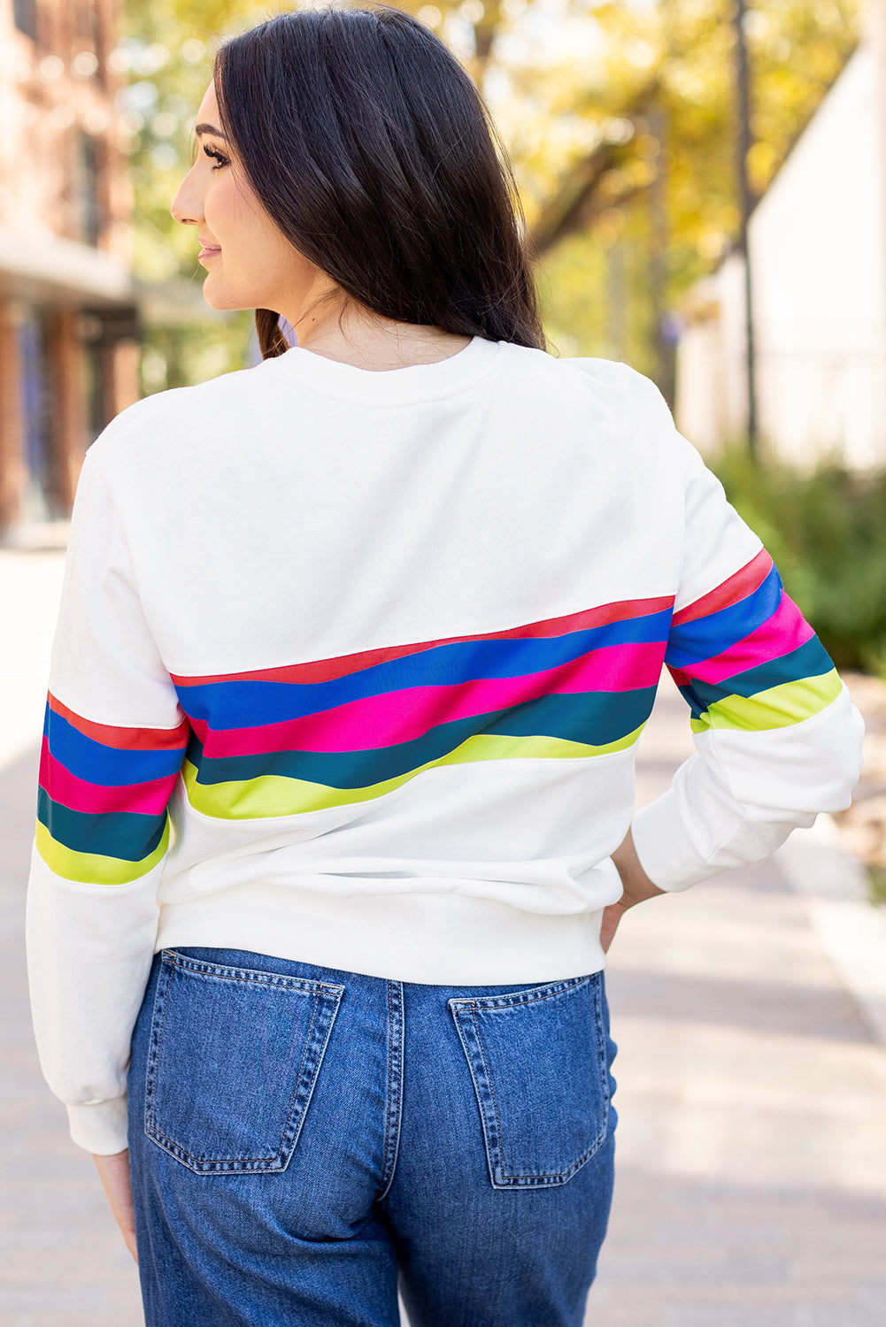 White Colorful Striped Accent Long Sleeve T Shirt