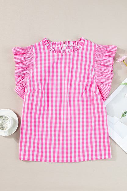 Rose Red Checkered Ruffled Sleeve Frilled Neck Blouse