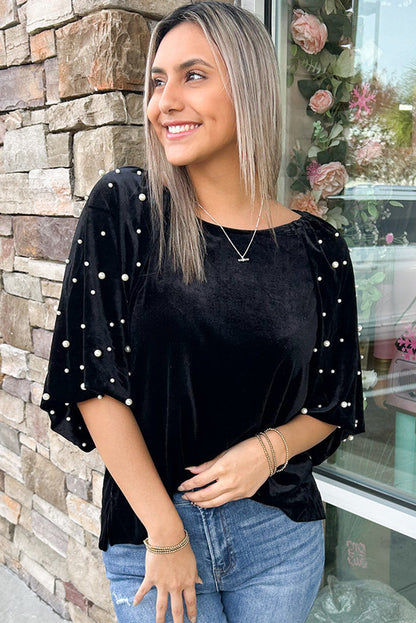 Black Pearl Beaded Half Sleeve Velvet Top