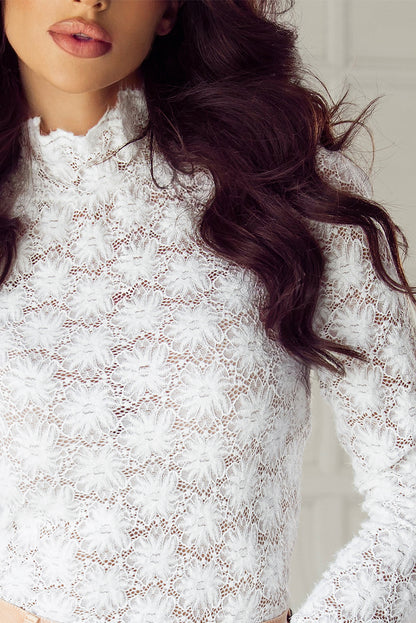 White Floral Lace High Neck Long Sleeve Top