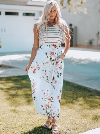 White Striped Floral Print Sleeveless Maxi Dress with Pocket