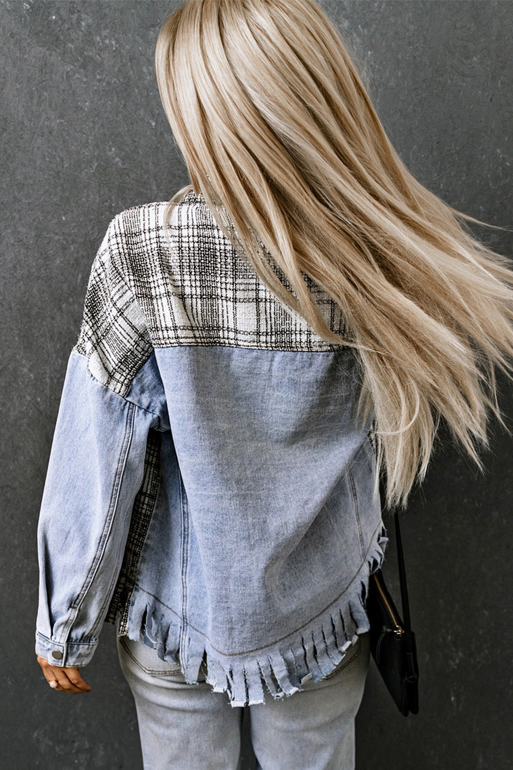 Sky Blue Plaid Patchwork Fringed Flap Pockets Denim Jacket