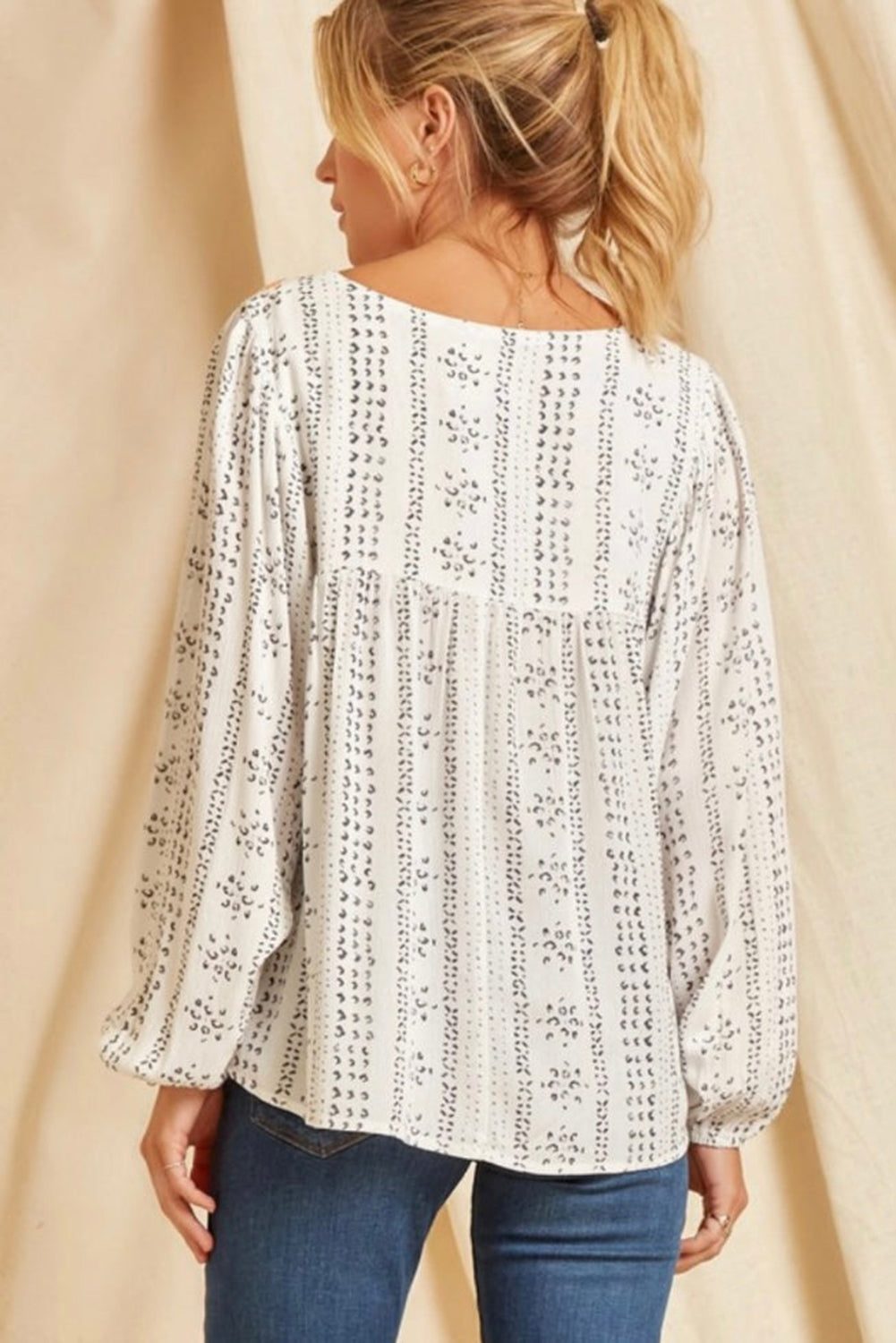 Beige Long Sleeve Embroidered Print Blouse