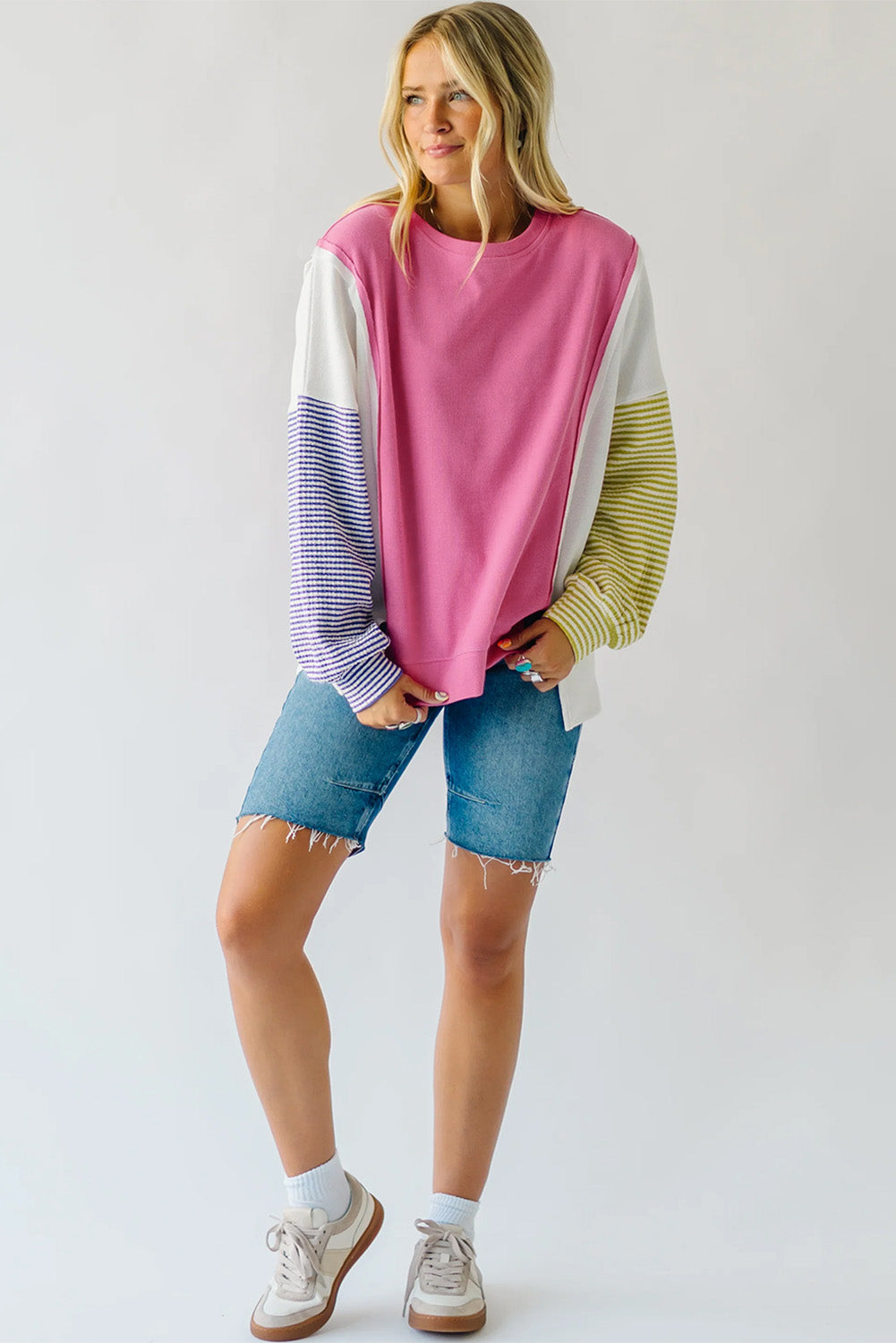 Sachet Pink Exposed Seam Striped Color Block Patchwork Long Sleeve Top