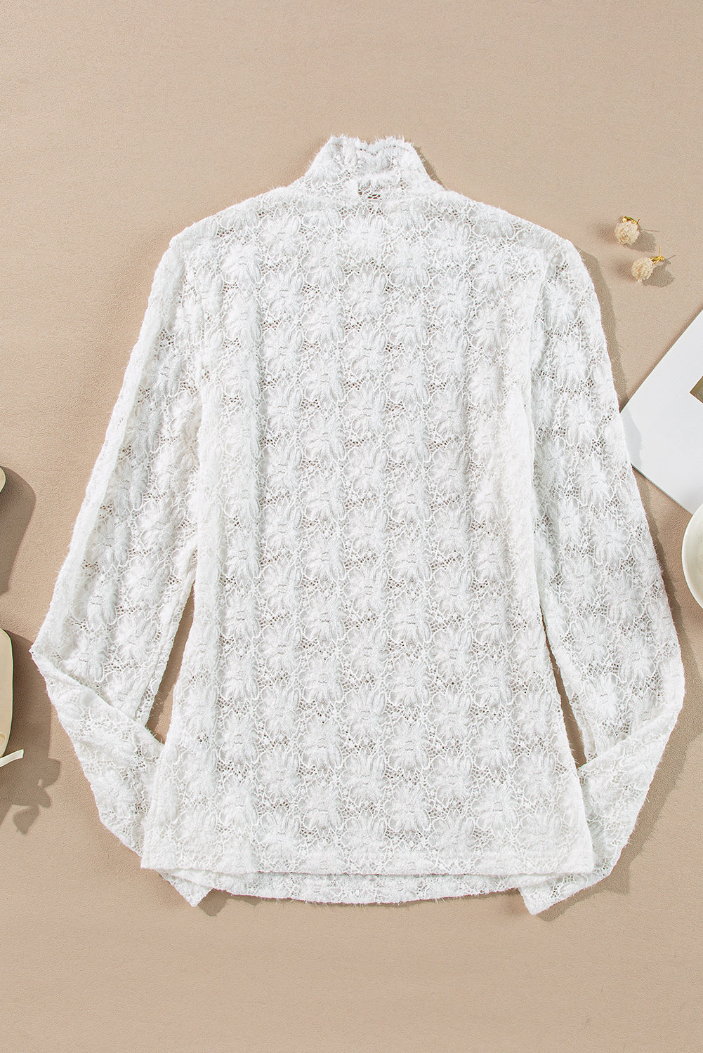 White Floral Lace High Neck Long Sleeve Top