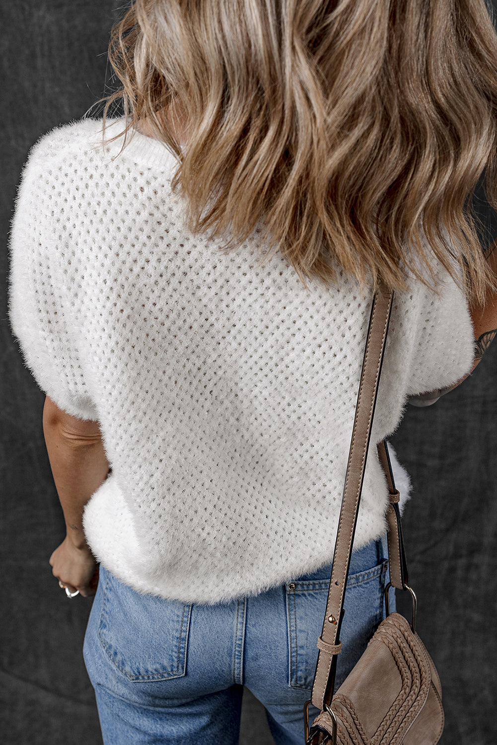 White Fuzzy Eyelet Knitted Sweater T-shirt