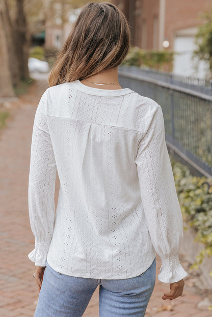 White Split Neck Textured Loose Blouse