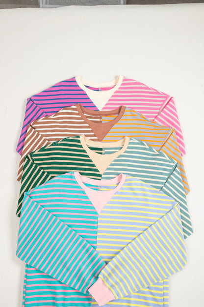 Pink Stripe Casual Stripe Colorblock Drop Shoulder Oversize Sweatshirt