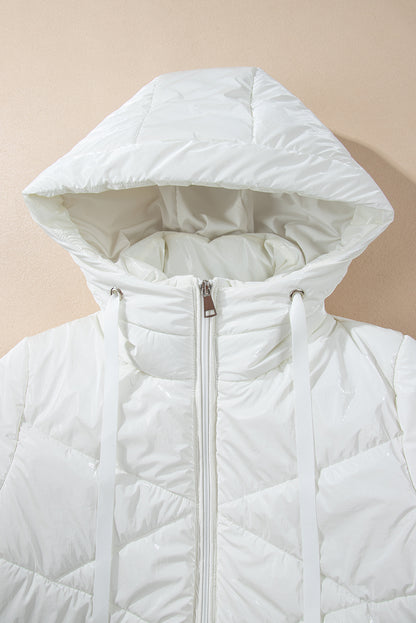 White Solid Quilted Hooded Zip Up Puffer Jackets