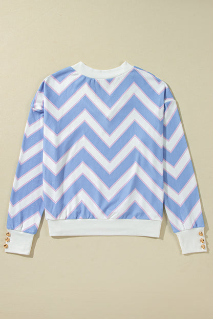 Sky Blue Zigzag Striped Print V Neck Oversized Top