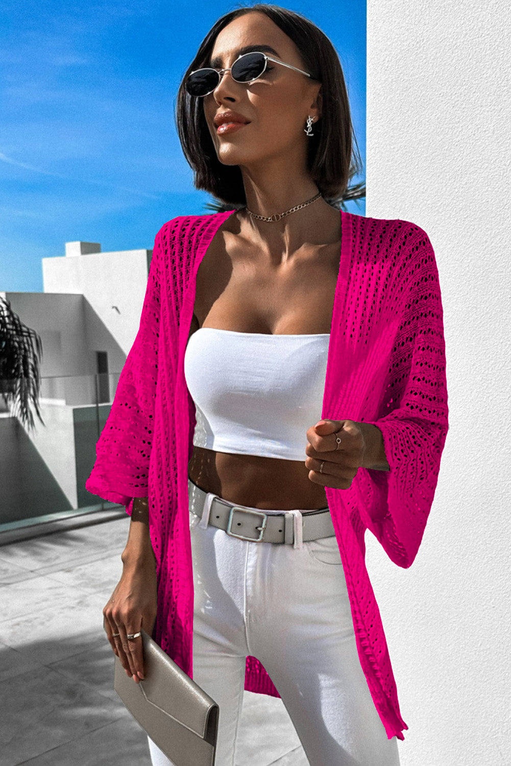 Rose Hollow-out Bracelet Sleeve Knit Cardigan