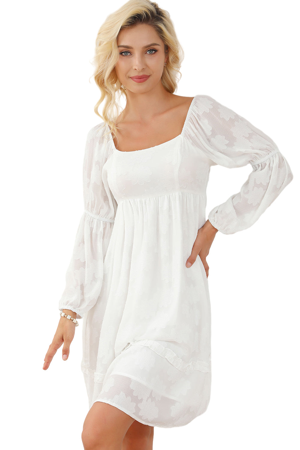 White Jacquard Square Neck Bubble Sleeve Dress