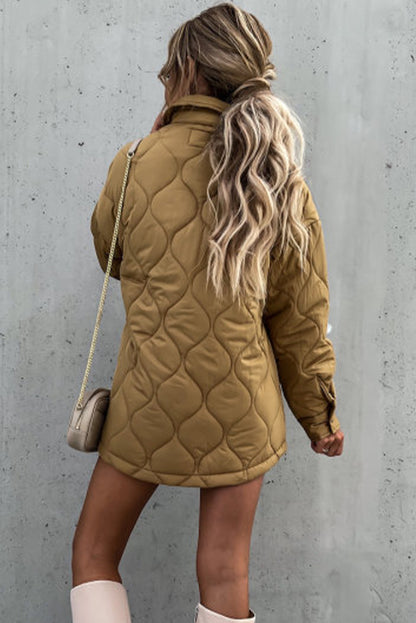 Tan Quilted Flap Pockets Snap Buttoned Puffer Jacket