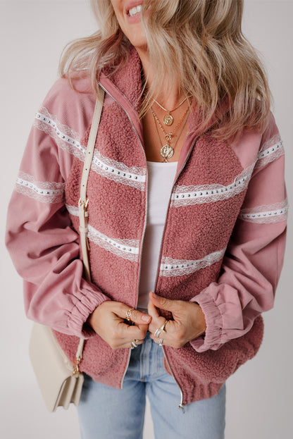 Rose Pink Sherpa Patchwork Lace Elastic Cuff Zip Up Jacket