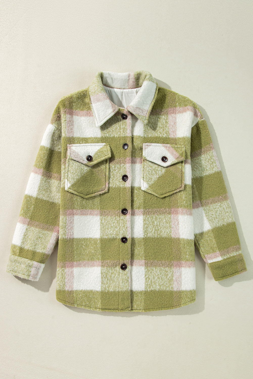 Sage Green Plaid Print Buttoned Flap Pockets Baggy Shacket