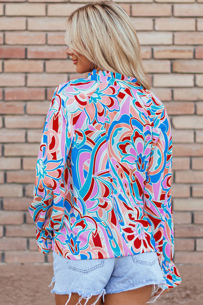 Pink Abstract Print Frilly Neck Ruffled Sleeve Blouse