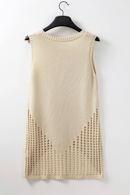 Beige Pointelle Detail Solid Color Knit Sweater Vest