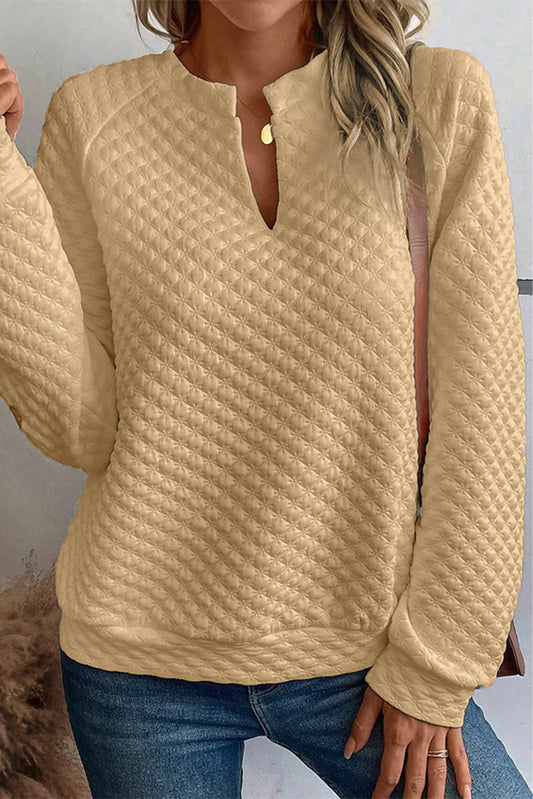 Khaki Split Neck Quilted Long Sleeve Top