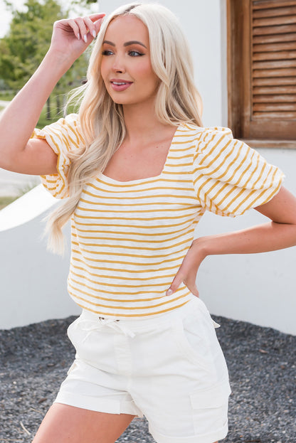 Stripe Square Neck Bubble Sleeve Top