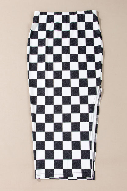 White Checkered Print Side Slit High Waist Midi Skirt