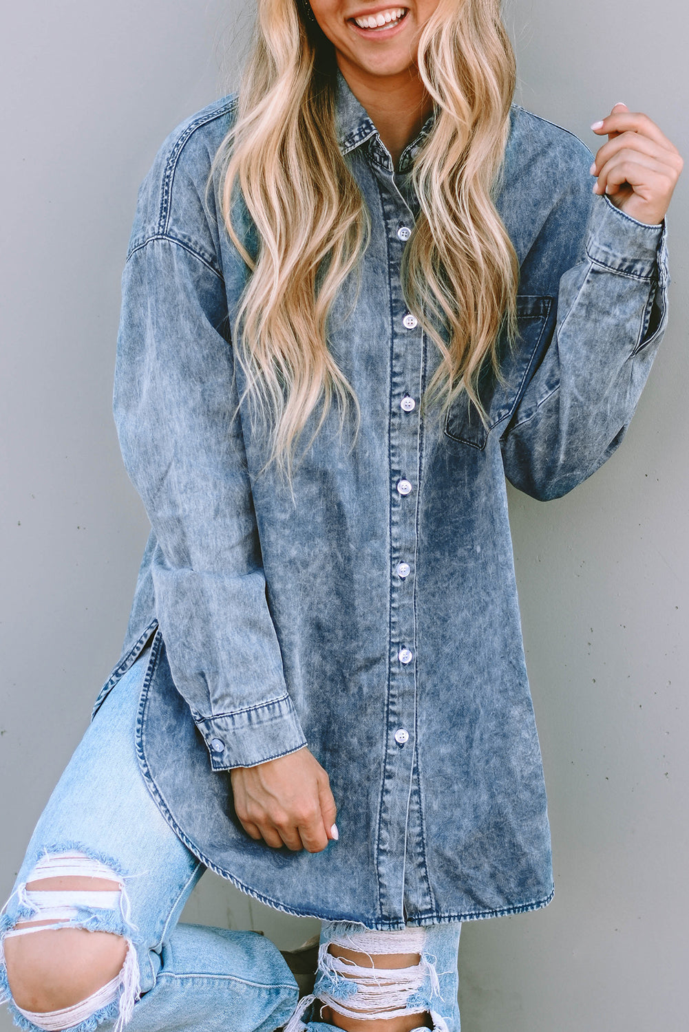 Sky Blue Vintage Washed Chest Pocket Denim Shirt