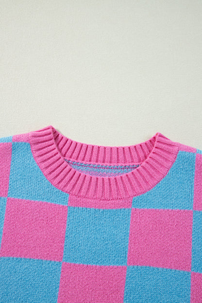 Sachet Pink Colorblock Plaid Pattern Ribbed Trim Sweater Tank Top