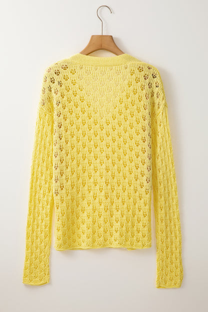 Yellow Pointelle Knit V Neck Sweater Cardigan