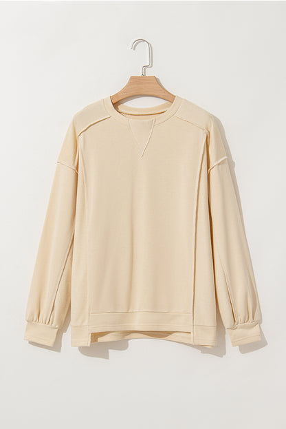 Beige Splicing Round Neck Pullover Sweatshirt