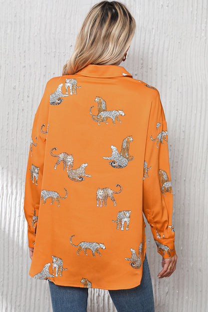 Russet Orange Cheetah Animal Print Button Up Satin Shirt