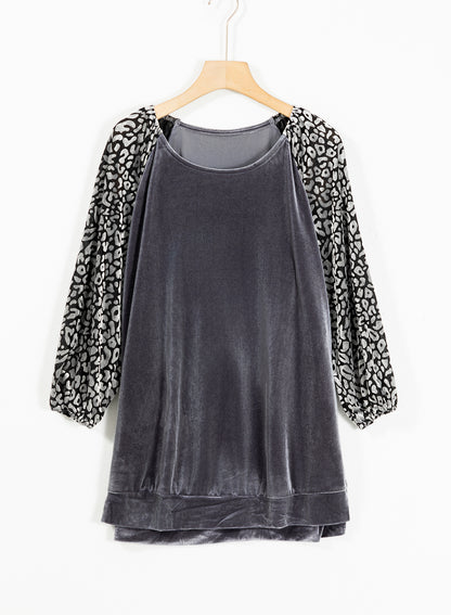 Medium Grey Leopard Splicing Lantern Sleeve Velvet Blouse