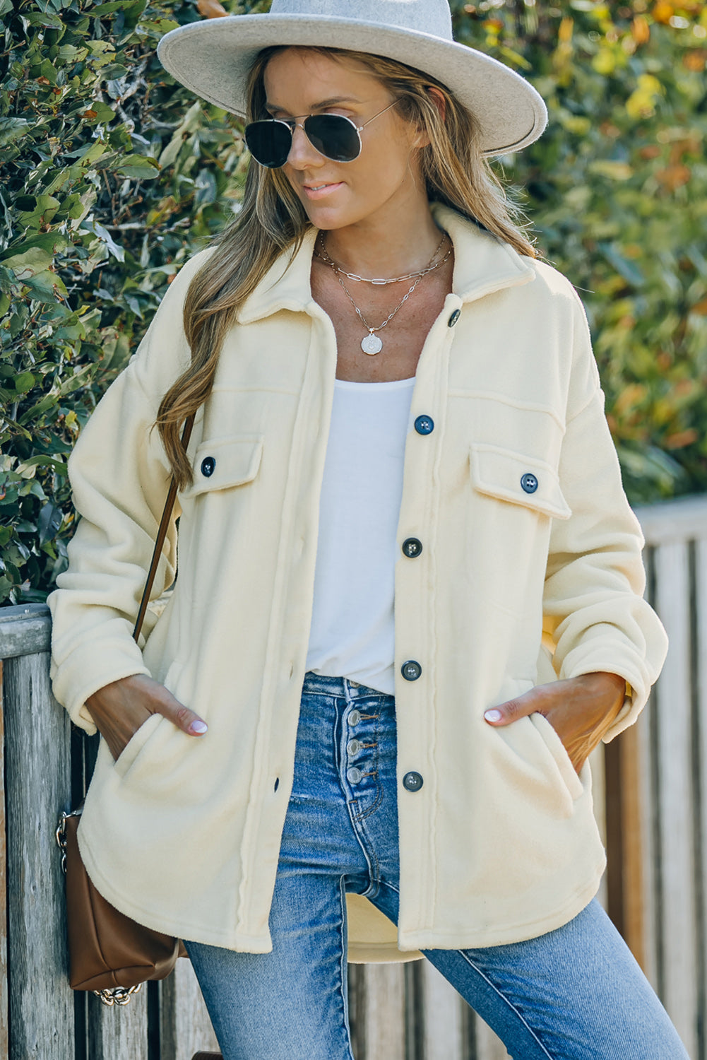 Beige Turn Down Collar Buttoned Shirt Jacket