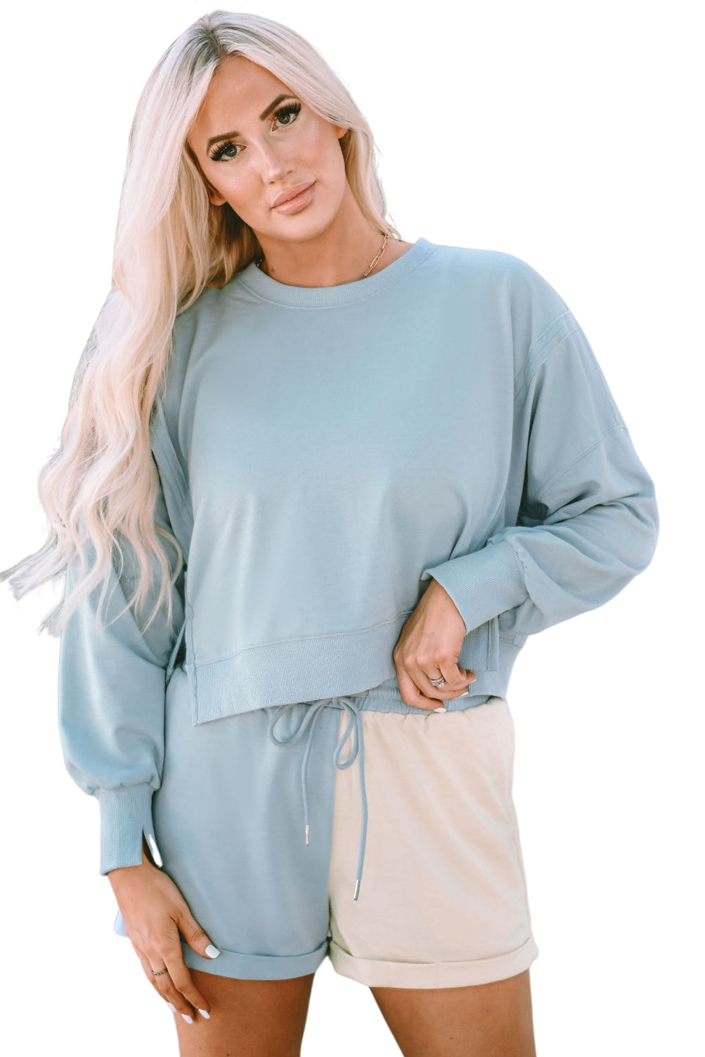 Sky Blue Split Hem Sweatshirt Color Block Shorts Set